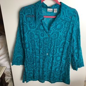 Chico’s teal blue sheer blouse with print
